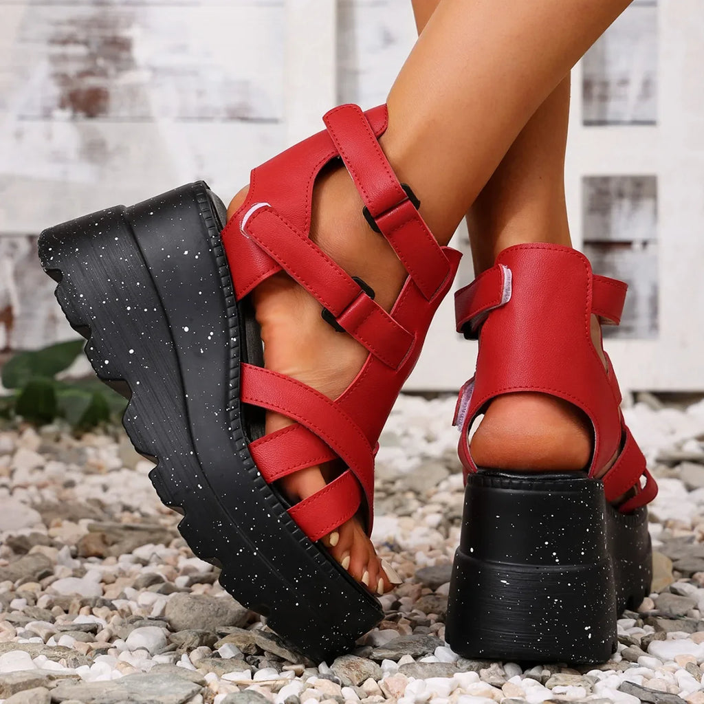 Women Sandals Summer Fashion Leather Platform Female Sandals Gladiator High Heels Sandals Women Chunky Outdoor Wedges Woman Shoe