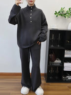 Pant Set Women Two Piece Sets Stand Collar Full Sleeve Knit Tops Wide Leg Long Pants Lace Up Elastic Waist Y2k Streetwear