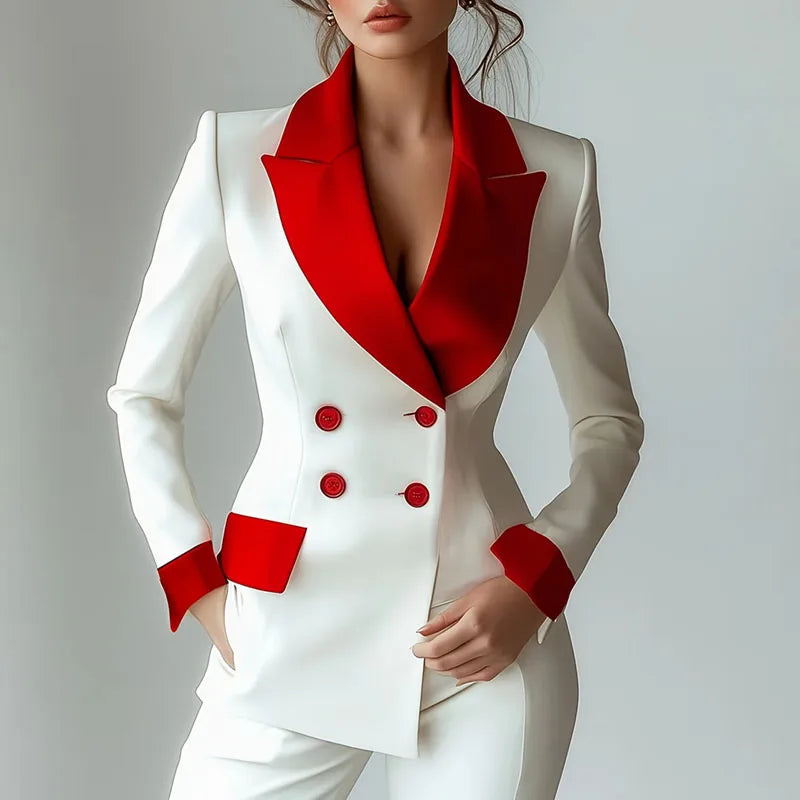 Fashion Contrast Notched Collar Women's Jacket Coat Elegant Double Breasted Office Blazer Autumn Long Sleeve Sexy Top Outerwears