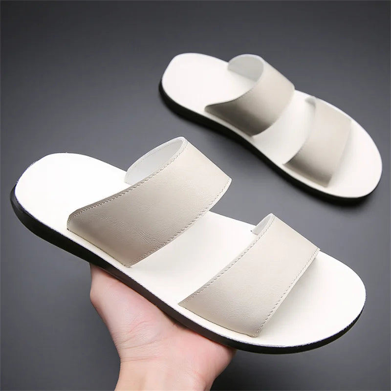 Slippers for Men Luxury Brand Leather Casual Slippers 2025 Summer New Beach Slippers for Men Non Slip Flat Sandals Large Size48
