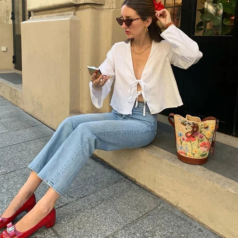 Casual Solid Lace Up Women Blouse Deep V-neck Long Sleeve Loose Female Shirt 2025 Spring Summer New Fashion Sweet Ladies Blouses