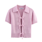 Women Bow Tie Coat Casual Knitted Cardigan Femmes Short Sleeve Women's Clothing Knitwear Outerwears 2142007