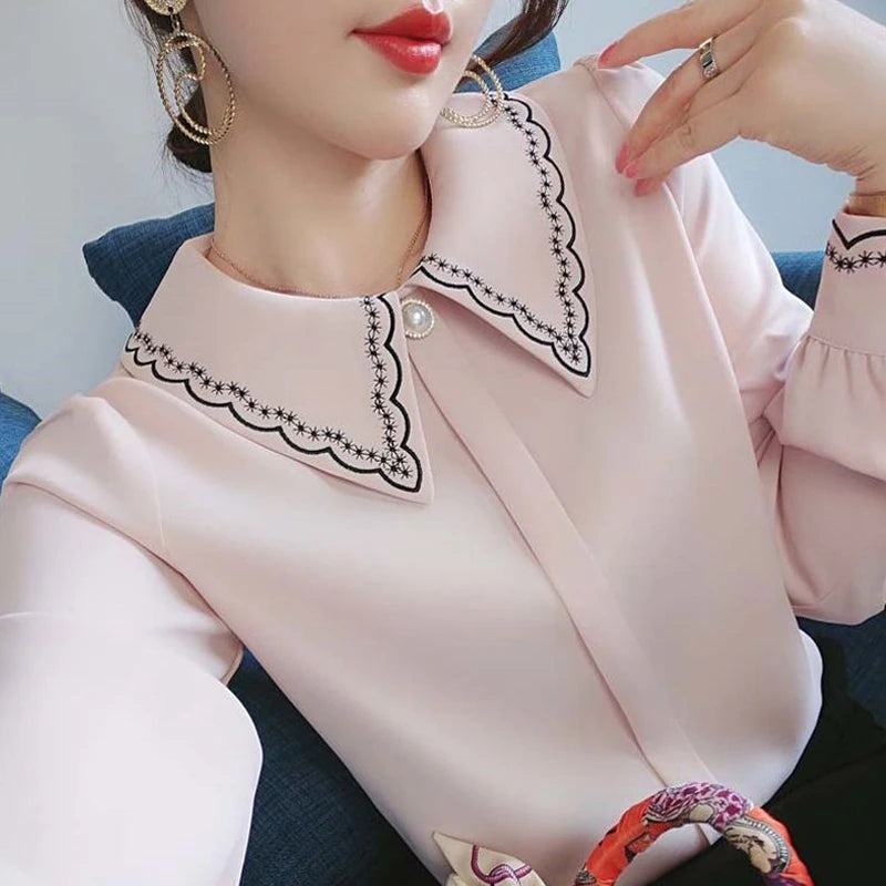 Women Embroidery Beaded Chic Luxury Design Shirts Spring Autumn Fashion Office Lady Blouse Solid Long Sleeve Tops Elegant Blusas