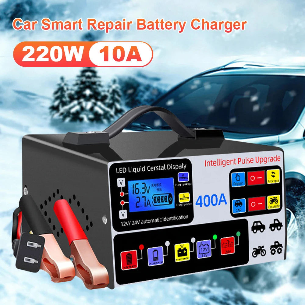 400A Heavy Duty Smart Battery Charger 12V/24V Battery High Power Fast Charger Five-Stage Intelligent Pulse Repair Charger 220W