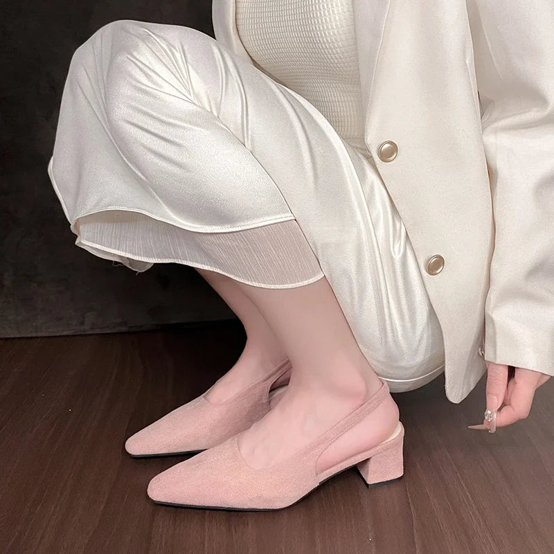 Women's summer sandals, fashionable suede design, sexy pointed-toe women's formal shoes, comfortable square-heeled women's shoes