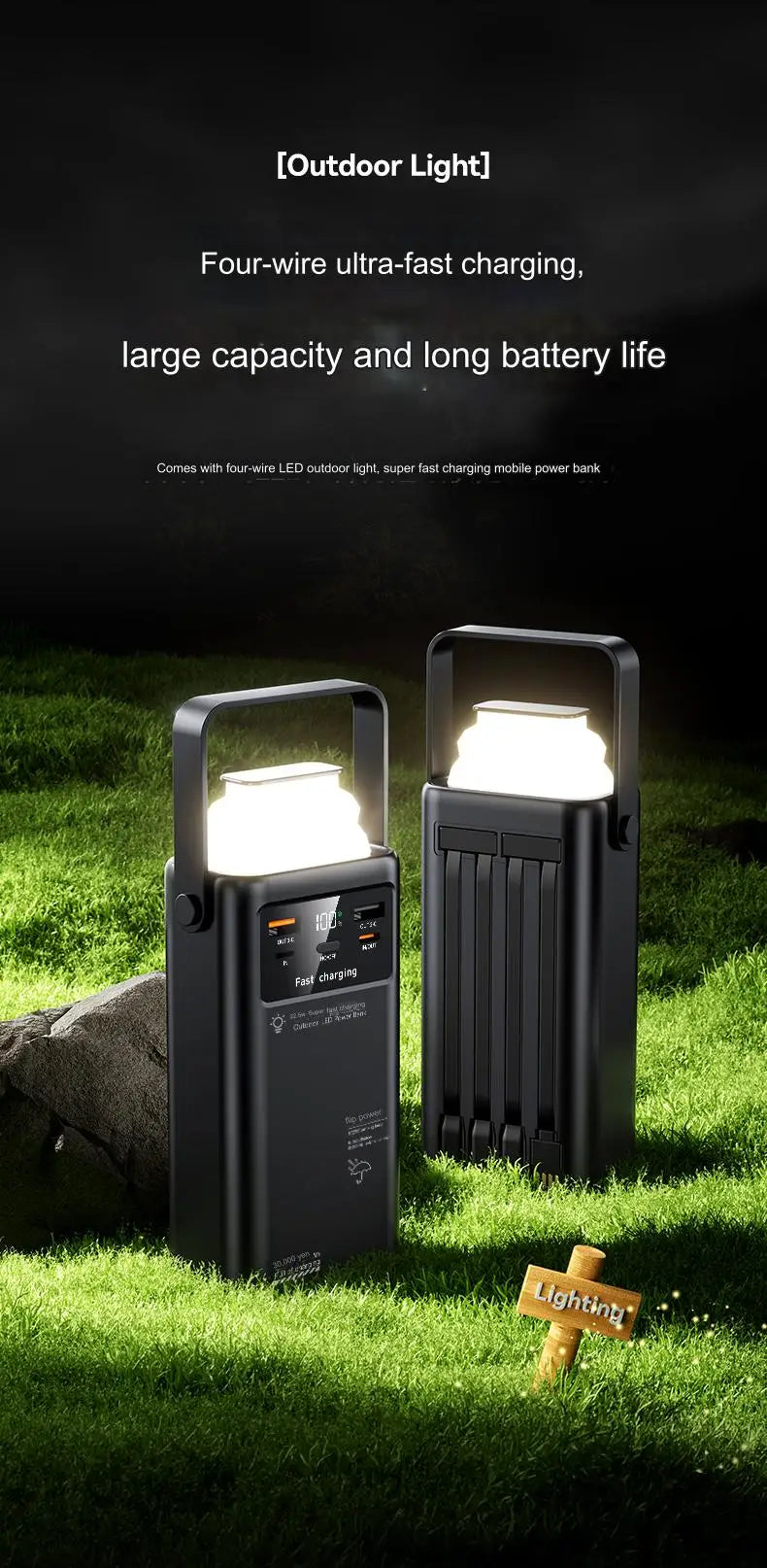 Portable outdoor emergency Power banks smartphone Backup Power 50000mah with built-in cable Powerbank 50000mah camping light