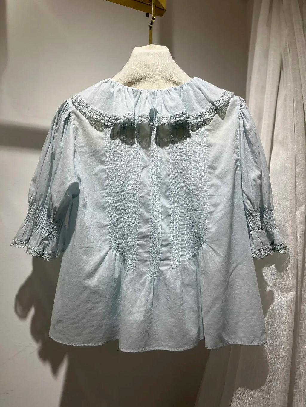 Lace Stitching Women's Pleated Blouse Summer Ruffles Edge V-Neck Puff Sleeve Casual Female Shirt