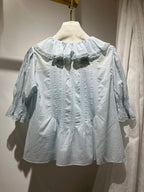 Lace Stitching Women's Pleated Blouse Summer Ruffles Edge V-Neck Puff Sleeve Casual Female Shirt