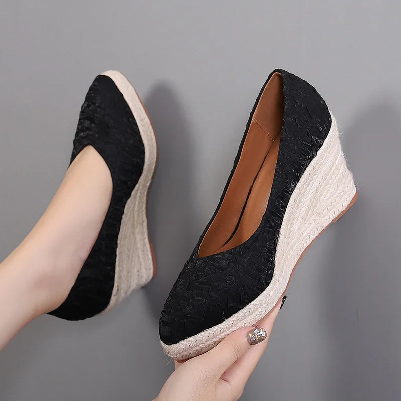 High Heels Women Wedges Shoes Elegant Ladies Party Shoes Brand Ladies Retro Woman Wedge Heel 8cm Black Purple Big Size 42 YX3800