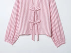 Women Striped Printed Lace-Up Shirt With Bow New Puff Long Sleeves V-Neck Hollow Out Blouses Sweet Ladies Fashion Tops