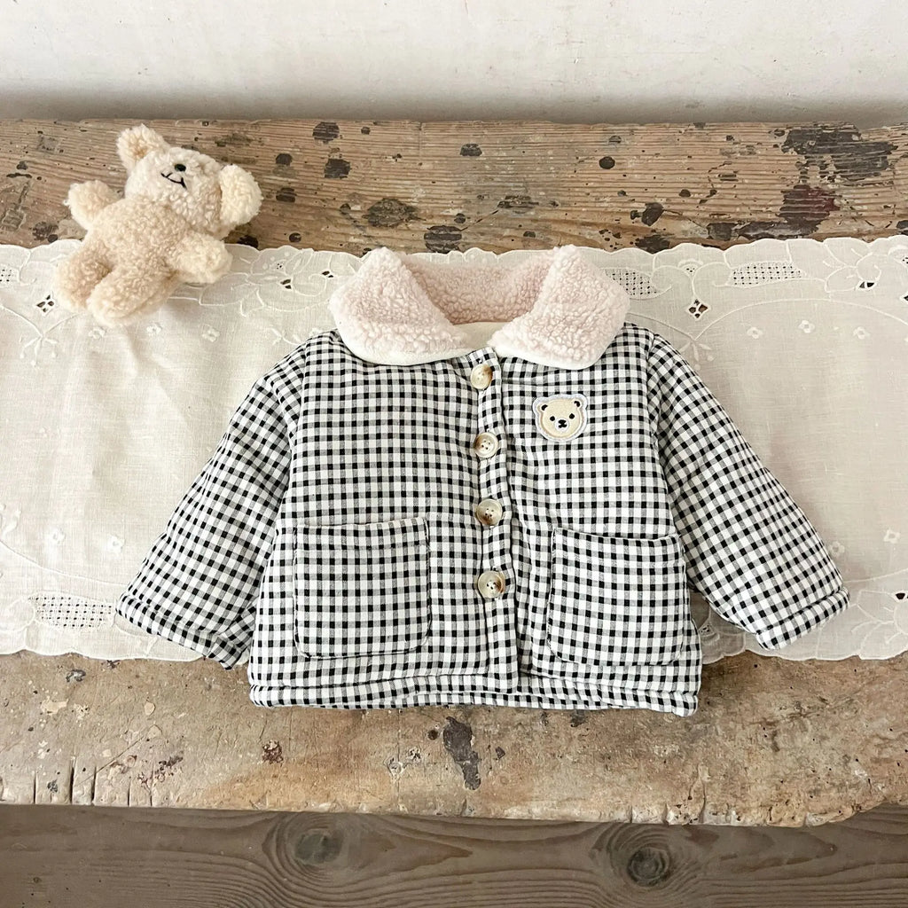 Winter Baby Girl Clothing  Plaid Coat Warm Fleece Lined Cartoon Bear Embroidery Children Cotton Padded Jacket