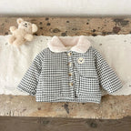 Winter Baby Girl Clothing  Plaid Coat Warm Fleece Lined Cartoon Bear Embroidery Children Cotton Padded Jacket
