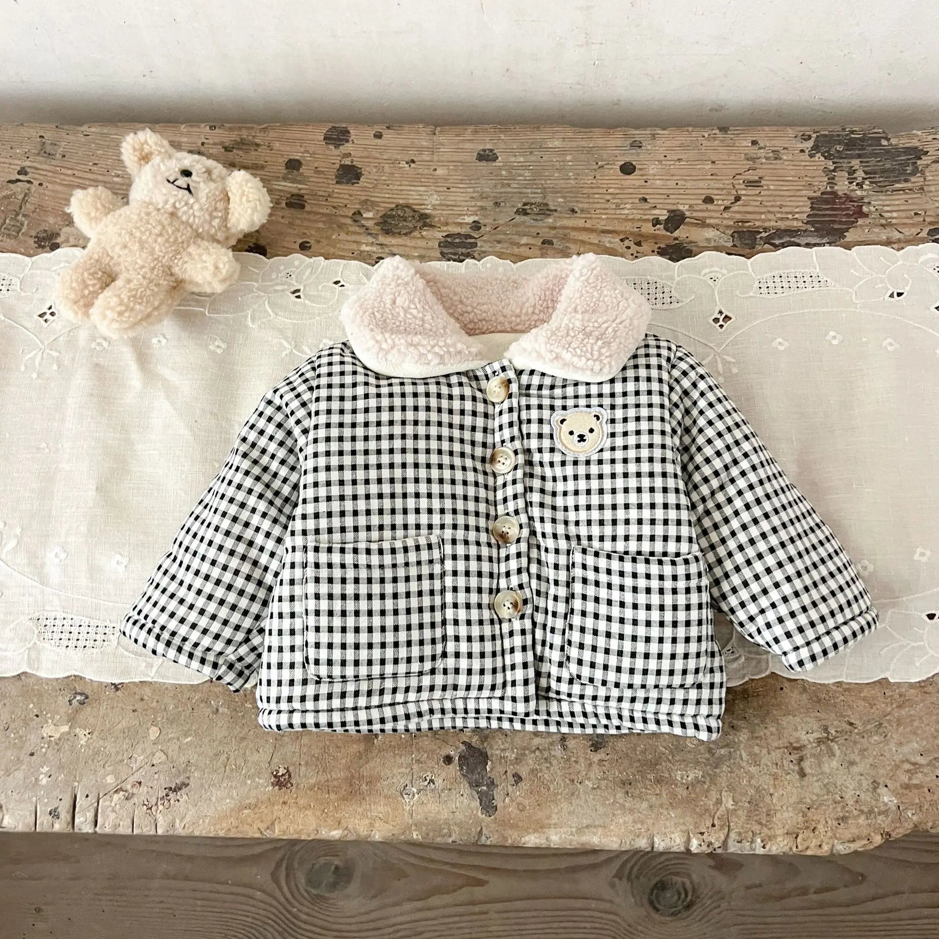 Winter Baby Girl Clothing  Plaid Coat Warm Fleece Lined Cartoon Bear Embroidery Children Cotton Padded Jacket