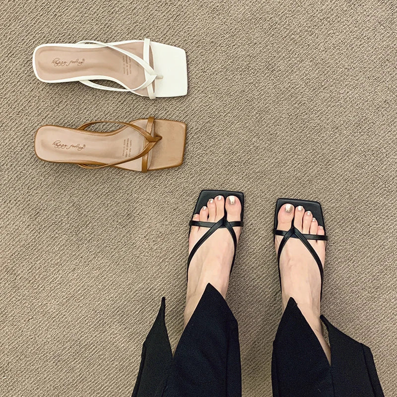 High Heels Comfortable New Summer Solid Leather Slippers Female Shoes Women Shoes Woman Fashion Cool Mules Slides Flip Flops