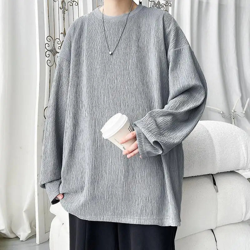 Men's High Street Long Sleeve T-Shirt - Trendy Casual Top Loose Fit Comfortable Wear, Modern Minimalist Style, Everyday Essentia