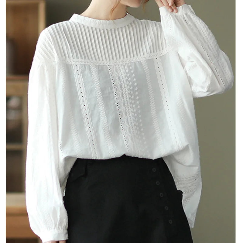 Women's elegant blouses 100% cotton embroidery hollow out white black shirts ladies office wear women long sleeve tops