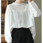 Women's elegant blouses 100% cotton embroidery hollow out white black shirts ladies office wear women long sleeve tops