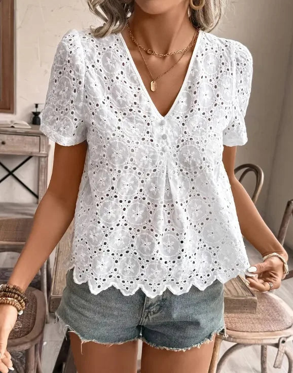 Woman Clothing Blouse Embroidered With Lace Eyelets, Elegant Short -sleeve Top With Neck For Spring And Summer, Women's Clothing