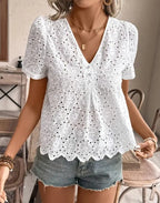 Woman Clothing Blouse Embroidered With Lace Eyelets, Elegant Short -sleeve Top With Neck For Spring And Summer, Women's Clothing