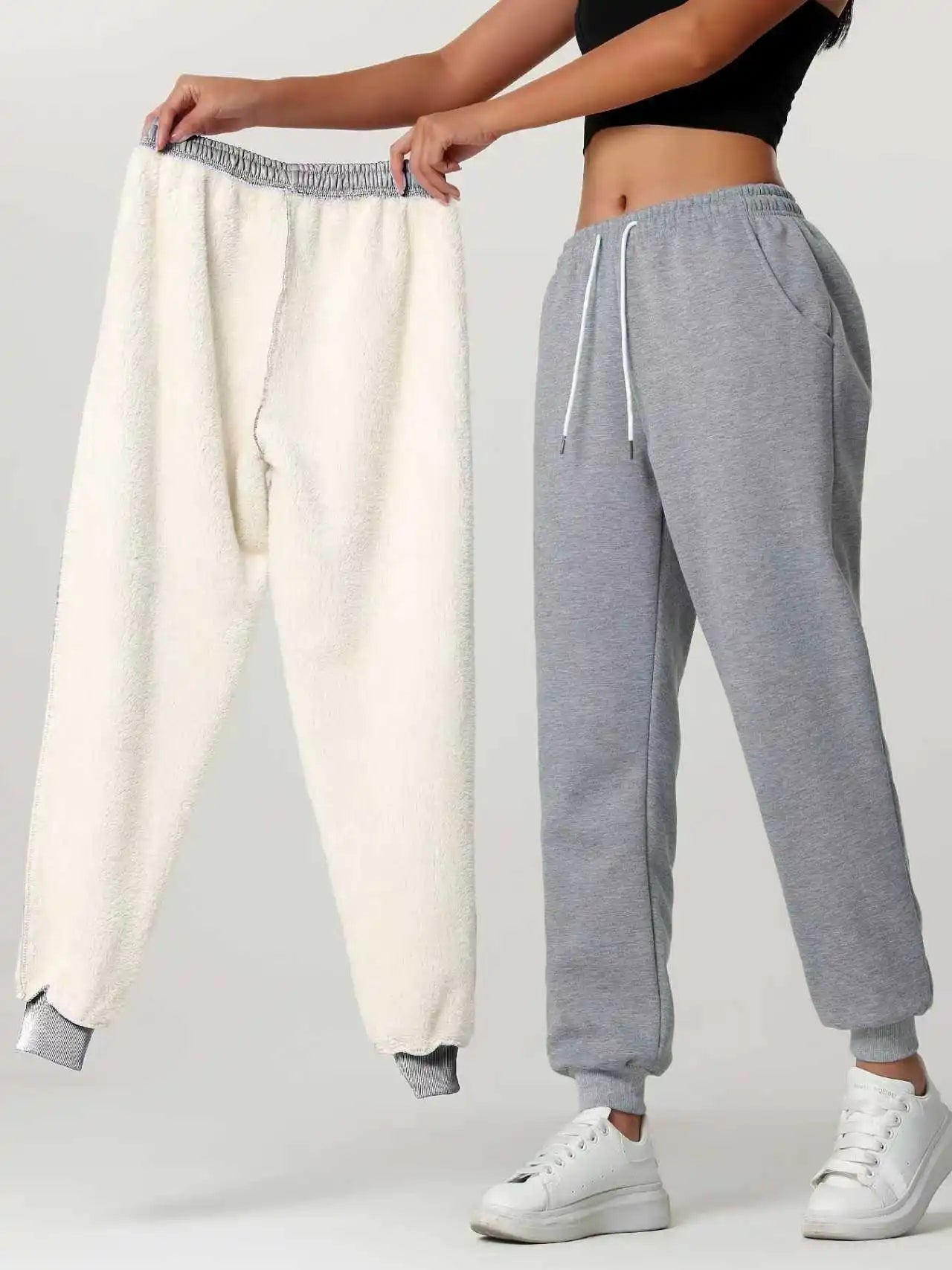 One pair of women's long pants for autumn and winter, thickened with fleece, warm solid color casual sportswear, with pockets