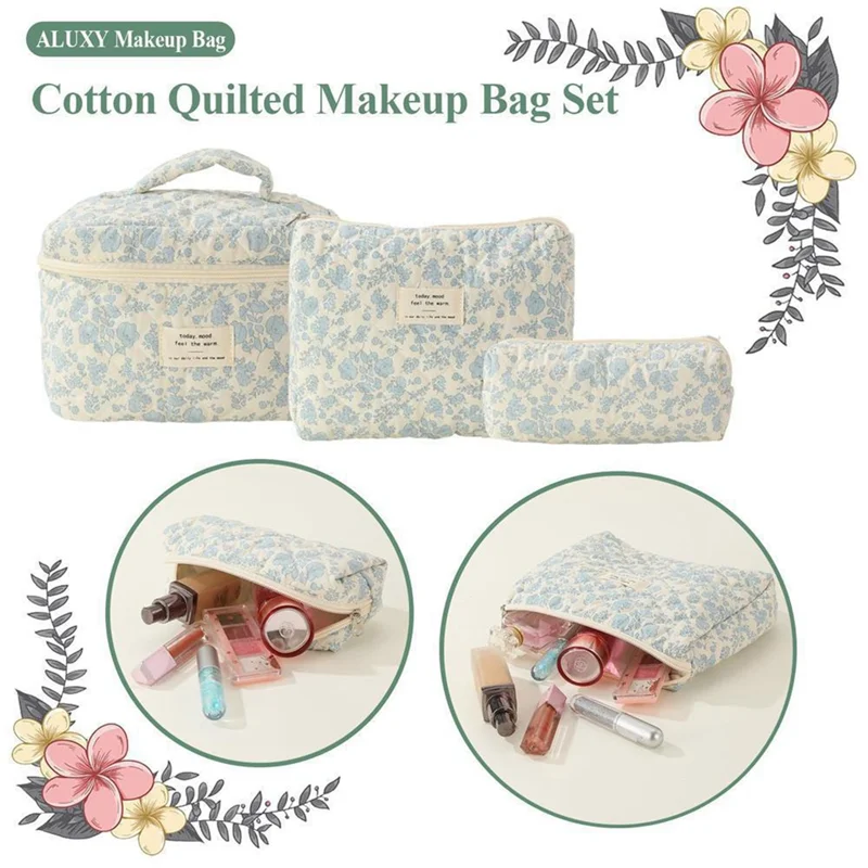 Makeup Cosmetic Bag Cosmetic Bag 3 Pcs Cotton Quilted Makeup Bag Aesthetic Floral Toiletry Bag For Women A