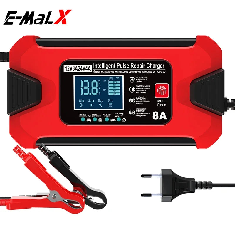Battery Charger 12V 8A  24V 4A Smart Fast Charging for Car Batteries 8-Stage Charge Pulse Repair for AGM GEL WET Lead Acid