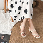 Women Sandals Ladies Square Heels Elegant Summer Slippers Outside Cross Tied Leather Female Slides 2021 Fashion Woman Sandals