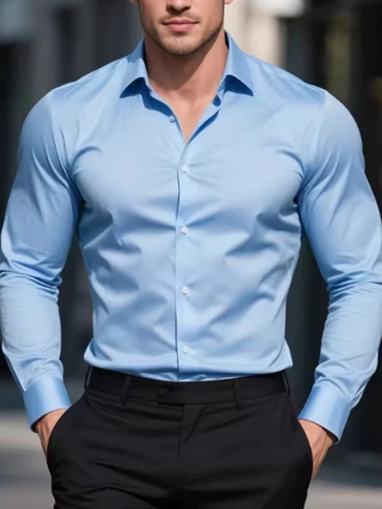 Men's formal shirt, summer long-sleeved, thin, business casual, breathable, no-iron, slimming, solid black color