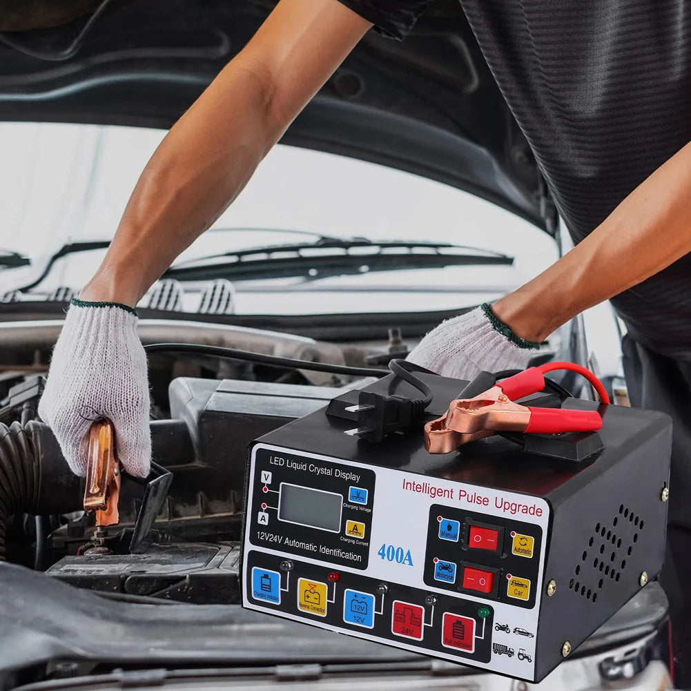 400A Car Battery Charger 220W Heavy Duty Smart Battery Charger 12V/24V Battery High Power Fast Charger Self-Stop Battery Charger