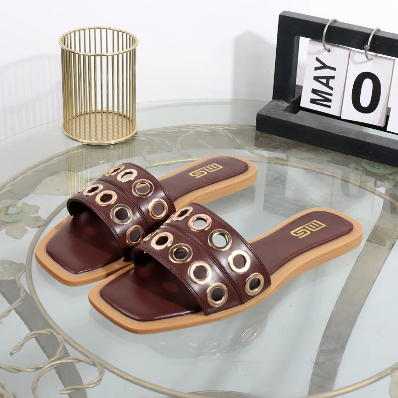 Women's slippers 2025 new summer wear casual hollow fashion Joker slippers square sandals light flat bottomed drag