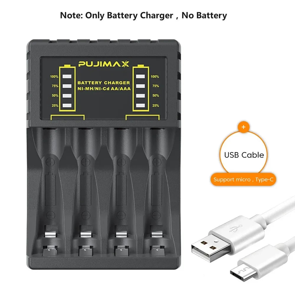AA/AAA Battery Charger 4 Slots Intelligent LED Indicator USB C Micro Charger for Ni-MH/Ni-Cd Rechargeable AA/AAA Battery Charger