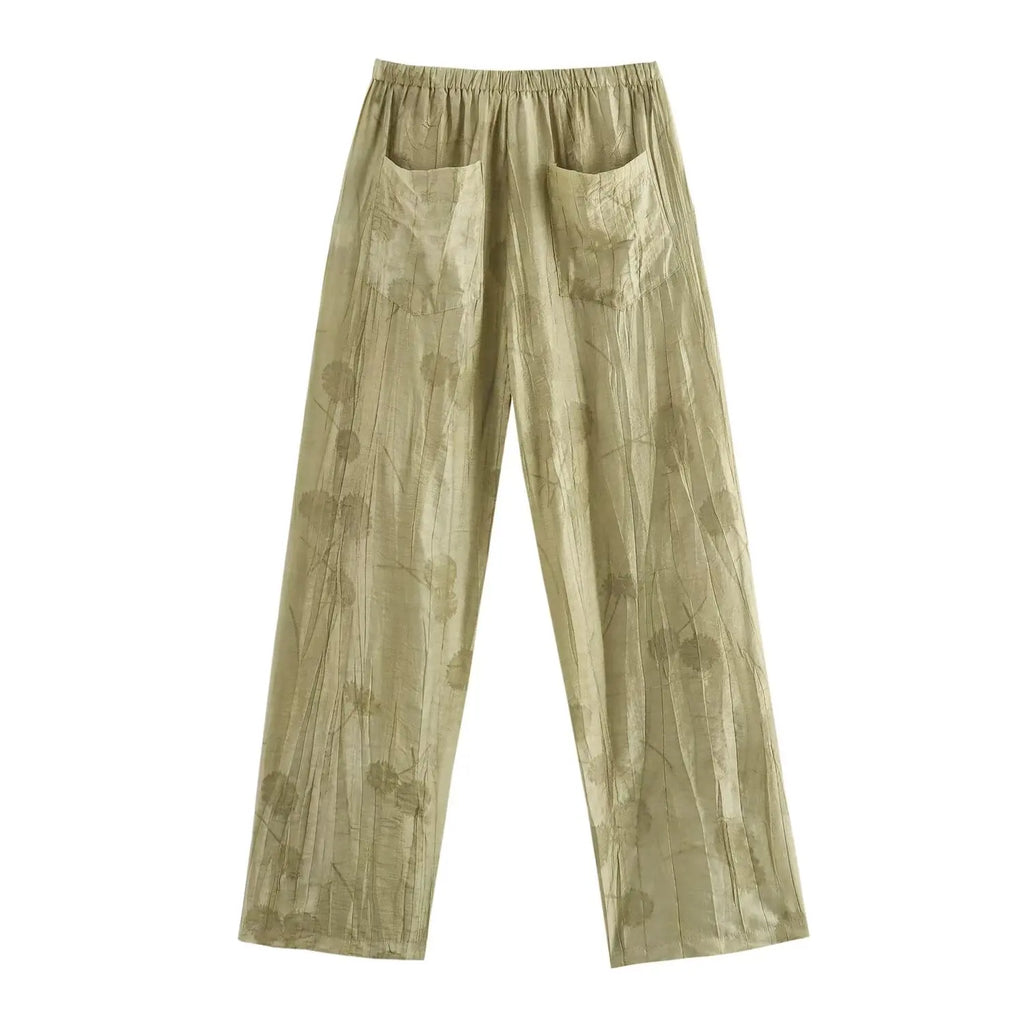 Women Print Long Pants Sets For Women Lapel Half Sleeve Single Breasted Shirts + High Waist Lace-Up Wide Leg Pants