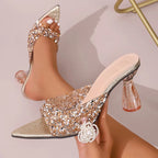 Elegant Pointed Toe High Heels Slippers Women Summer Fashion Clear Crystal Heel Sandals Woman Shiny Sequins Banquet Party Shoes