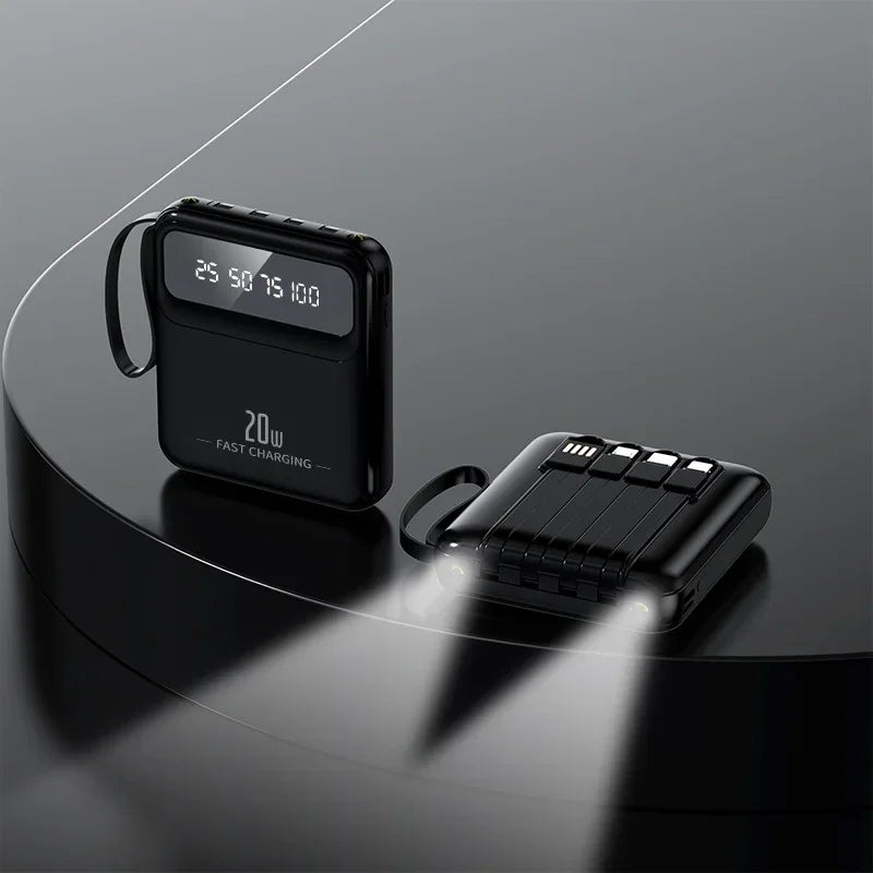 20000mAh Mini Power Bank 4in1 Cable Portable Charger Fast Charging LED Digital Display Poverbank External Battery Mobile Power