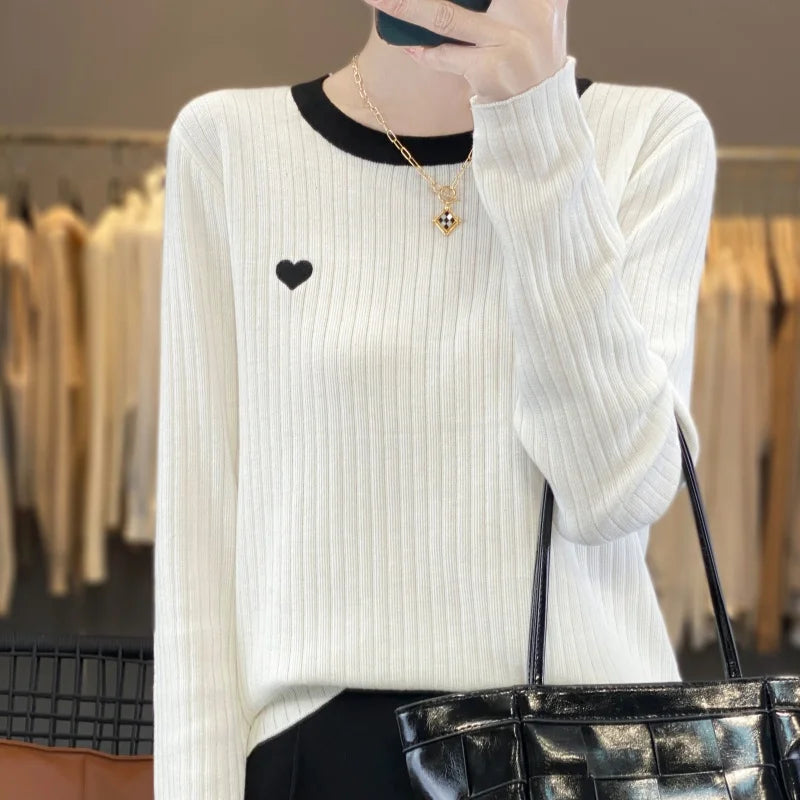 Women's Pullover Autumn/Winter 100% Wool Sweater Stitching Casual Knit Sweater Round Neck Tops Ladies Clothes Embroidery Blouse