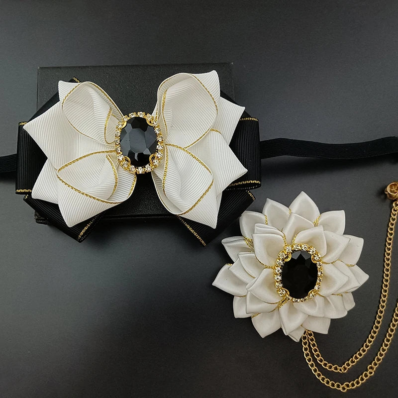 Wedding Bow Tie Corsage Men's Business Banquet Concert Suit Shirts Accessories Jewelry High-end Crystal Collar Flower Brooch Set