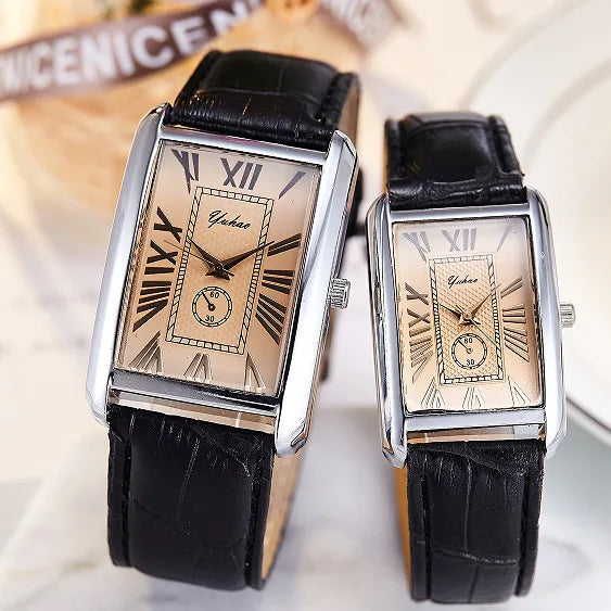 Fashion Couple Watch Luxury Rectangle Dial Women Quartz Watch Men Leather Band Casual Women Leather Wristwatch Relogio Masculino