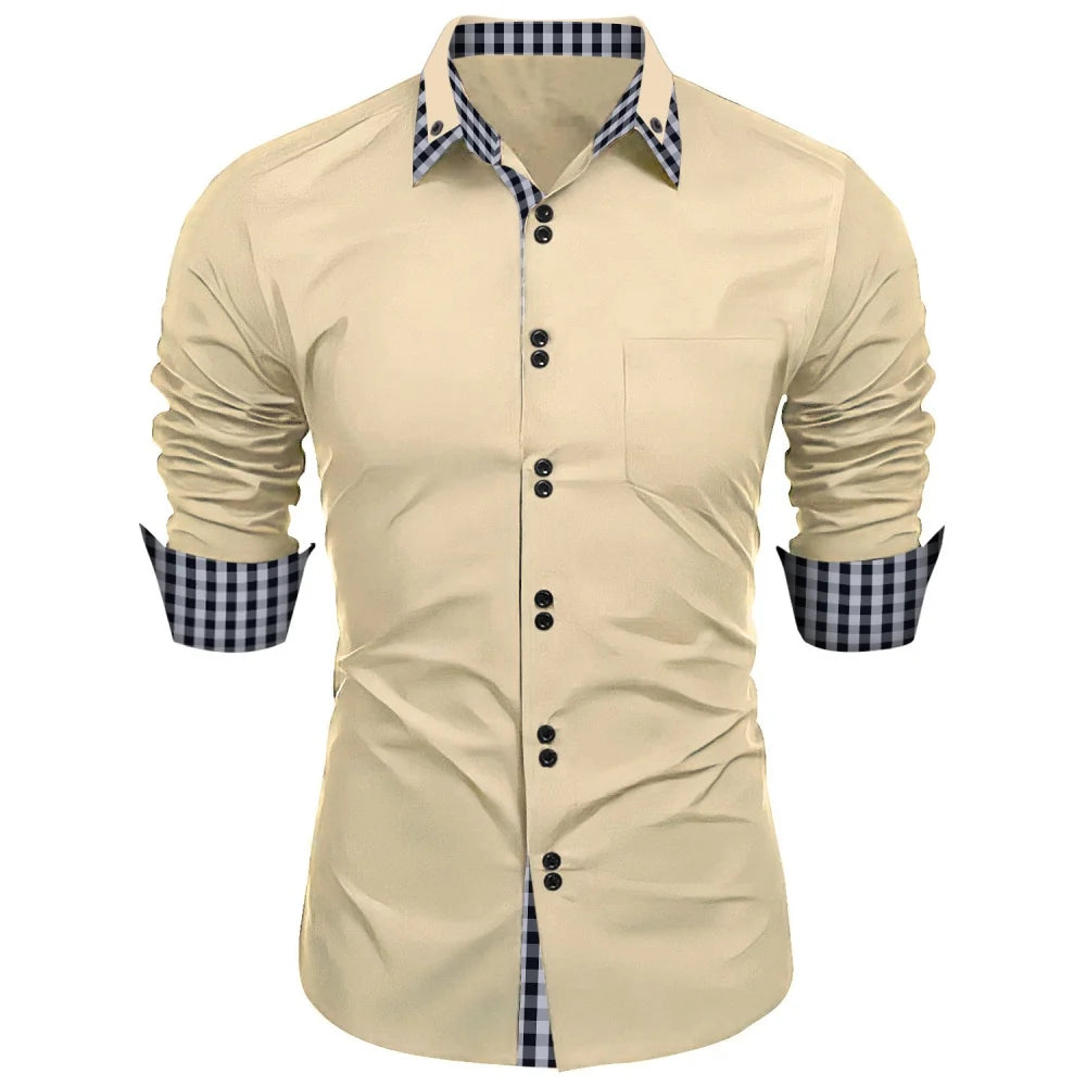 New men's shirt - traditional long-sleeved double-breasted plain-colored loose-fitting office shirt - men's business casual top