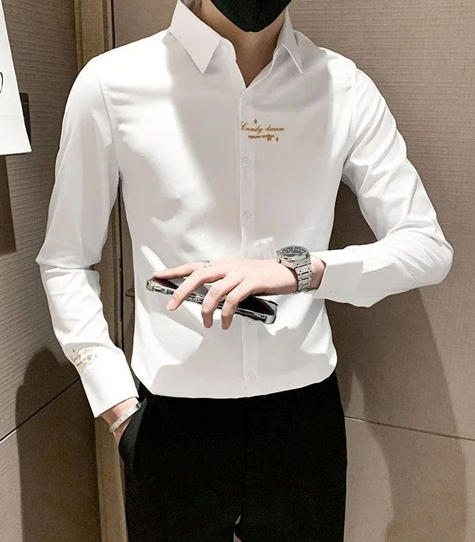 Shirts For Men Long Sleeve Embroidery White Man Shirt Social Cheap Things With Vintage Sleeves Slim Fit Sale Fashion 2025