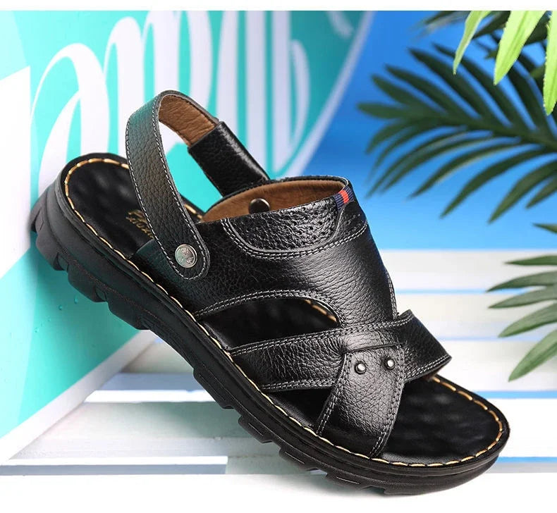 Men's Leather Summer Sandals 2025 Non-slip Thick-soled Comfort Soft Outdoor Beach Slippers