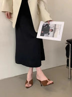 Women's High Heels Slippers Pointed Toe Metal Decoration Thin Heels Shoes Women Dress Fashion Korean Style Zapatillas De Mujer