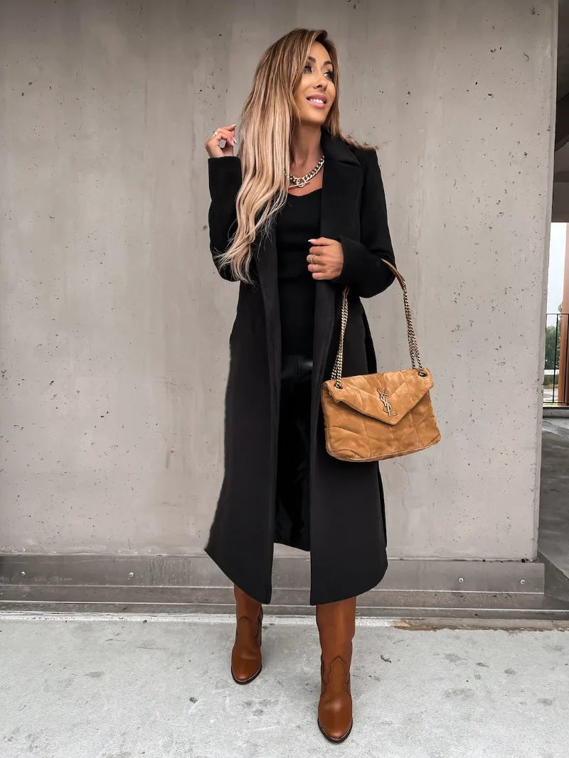 Autumn Winter Women Woolen Jacket Top Outwear Elegant Fashion Long Sleeve Lapel Collar Belt Trench Coat Overcoat Streetwear