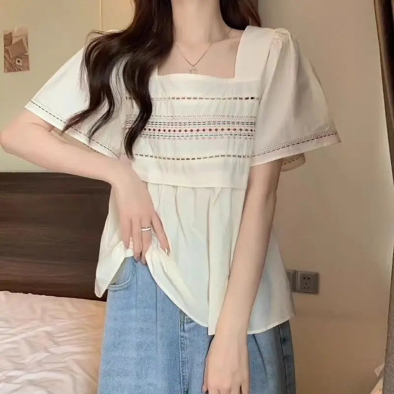Women's Clothing Folk Embroidery Shirt Casual Loose Stylish Folds Hollow Out Summer Short Sleeve Elegant Square Collar Blouse