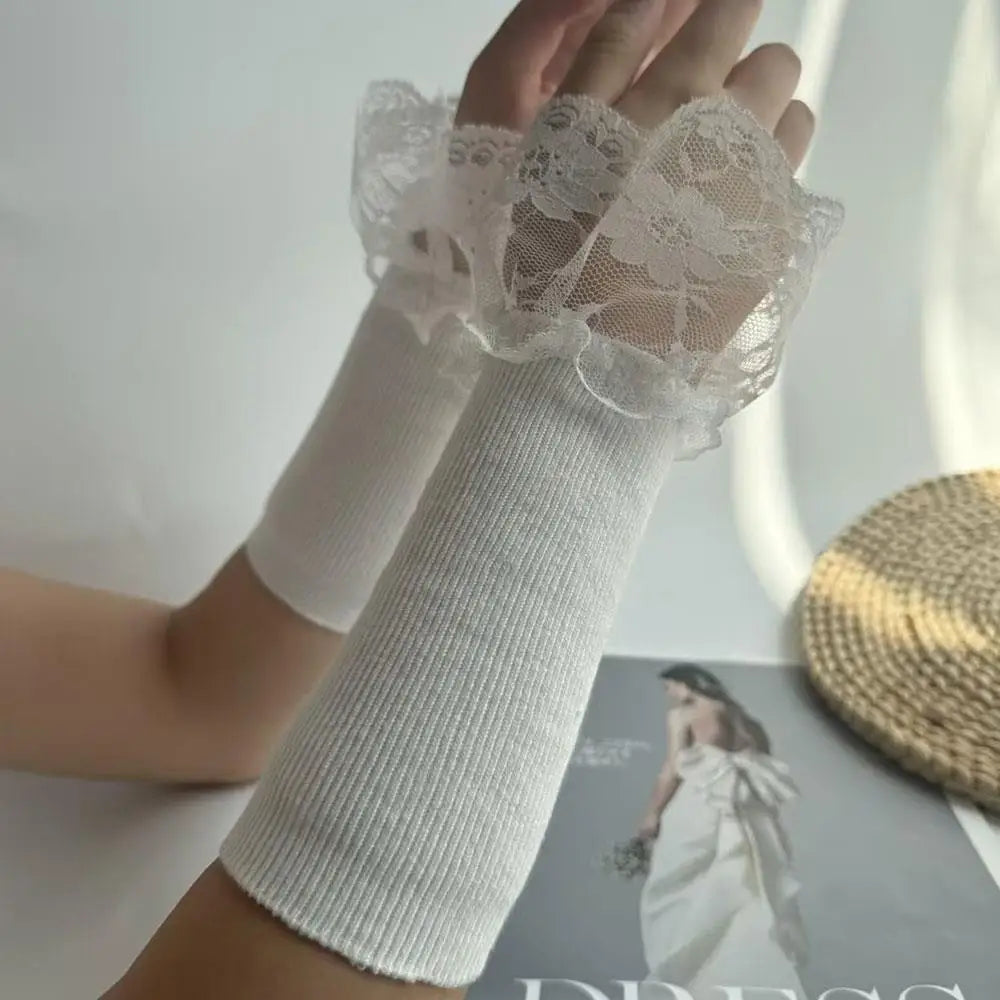 1Pair Detachable lace Cuffs Knitted Lace Flower Flared Arm Sleeves Warm Woolen Ruched False Cuffs Sweater Blouse Wrist Warmers