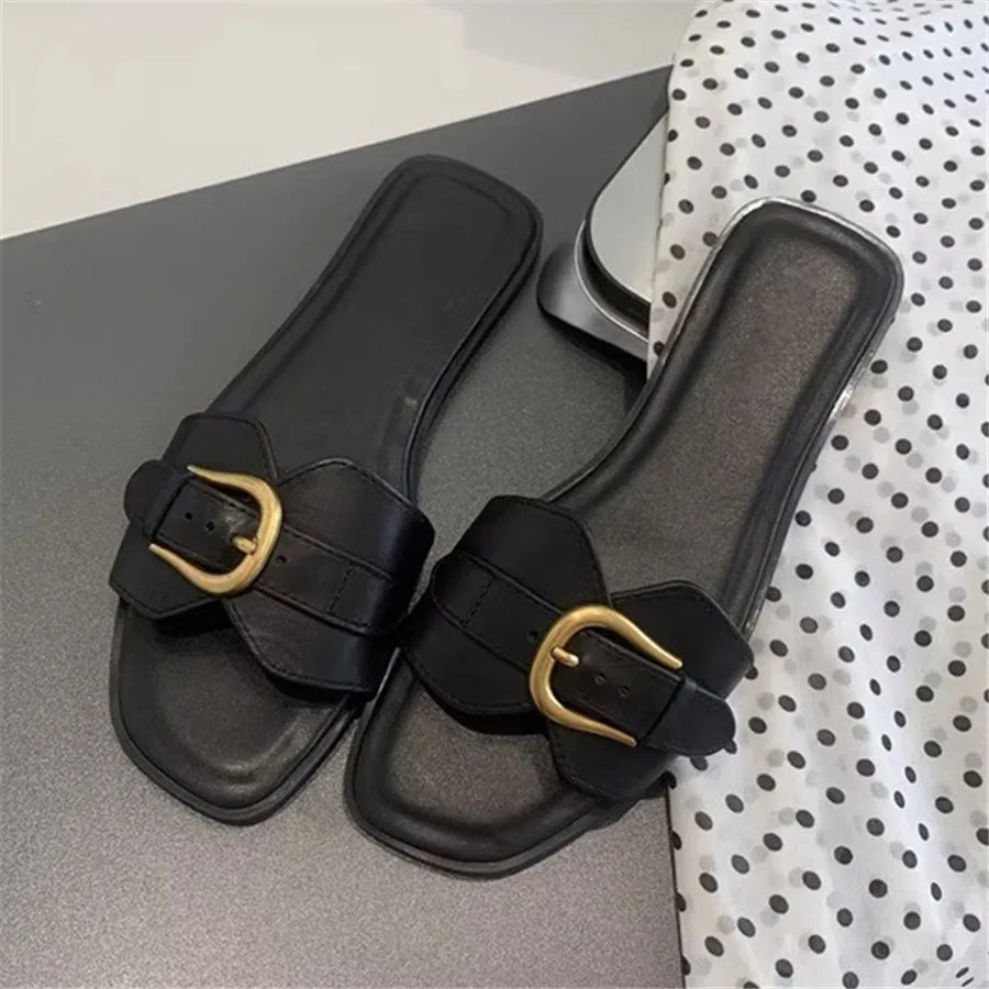 Slippers for Woman 2025 Summer Beach Flats Ladies Buckle Slides Gladiator Sandals Luxury Leather Mules Zapatos Mujer