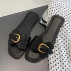Slippers for Woman 2025 Summer Beach Flats Ladies Buckle Slides Gladiator Sandals Luxury Leather Mules Zapatos Mujer