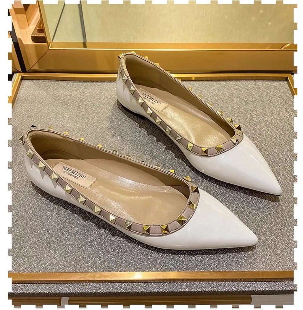 Woman Flats Pointed Toe 2025 Autumn Shallow Mouth Rivets Dress Fashion Flat Shoe Comfortable Patent Leather Outdoor Casual Shoes