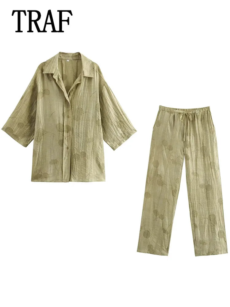 Women Print Long Pants Sets For Women Lapel Half Sleeve Single Breasted Shirts + High Waist Lace-Up Wide Leg Pants