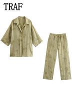 Women Print Long Pants Sets For Women Lapel Half Sleeve Single Breasted Shirts + High Waist Lace-Up Wide Leg Pants