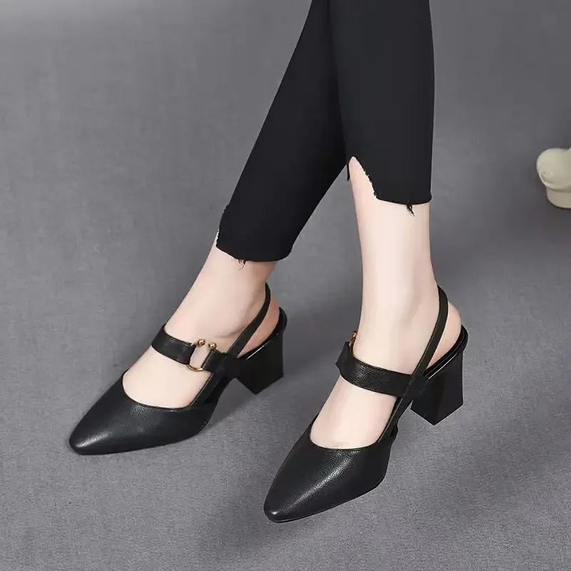 Sandals for Woman Summer 2024 High Heels One Word Women's Shoes Leather Pointed Toe Buckles Thick Heel Medium Footwear Comfort F